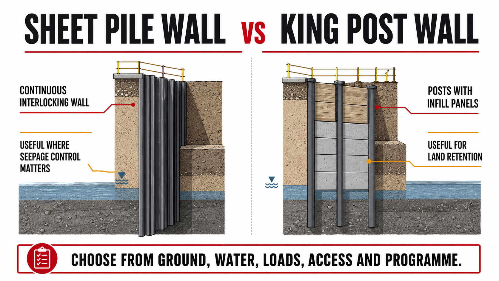 Comparison diagram of continuous sheet pile and king post retaining walls
