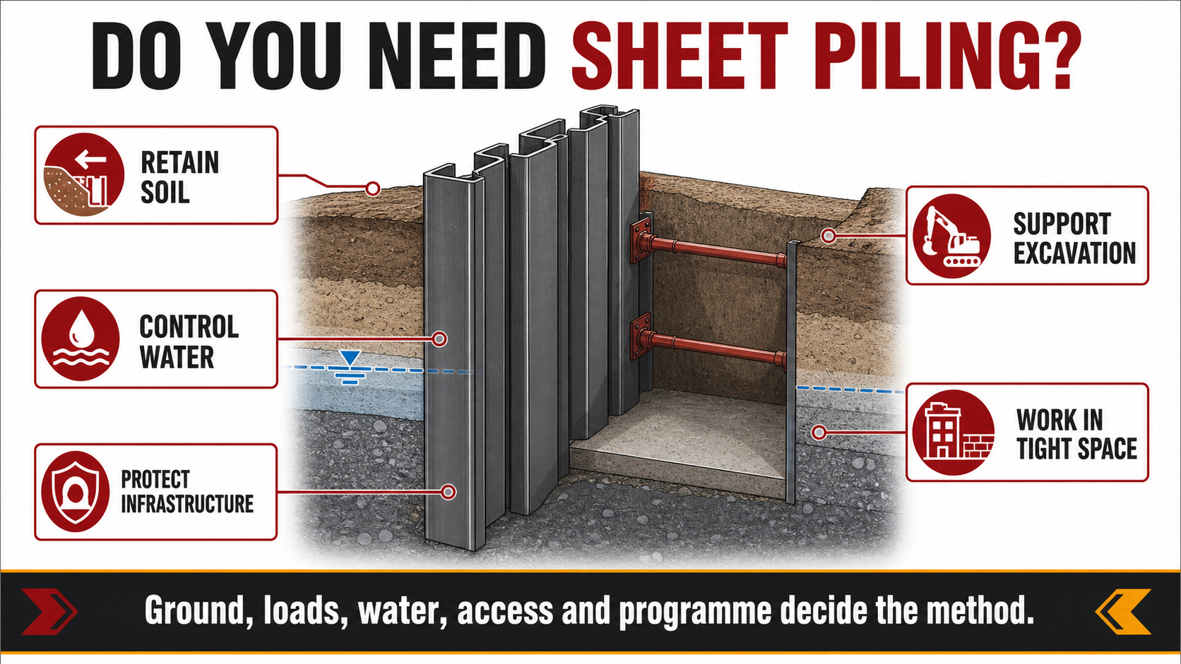 Decision infographic showing when a project may need sheet piling