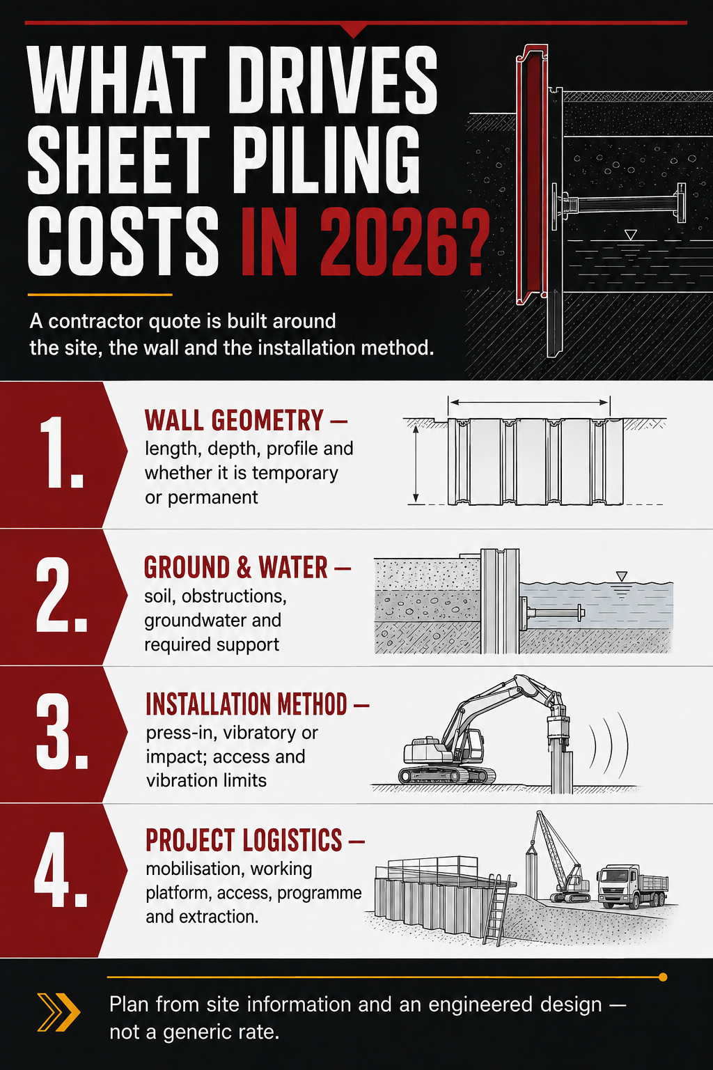 Four factors that drive sheet piling costs: wall geometry, ground and water, installation method and project logistics.