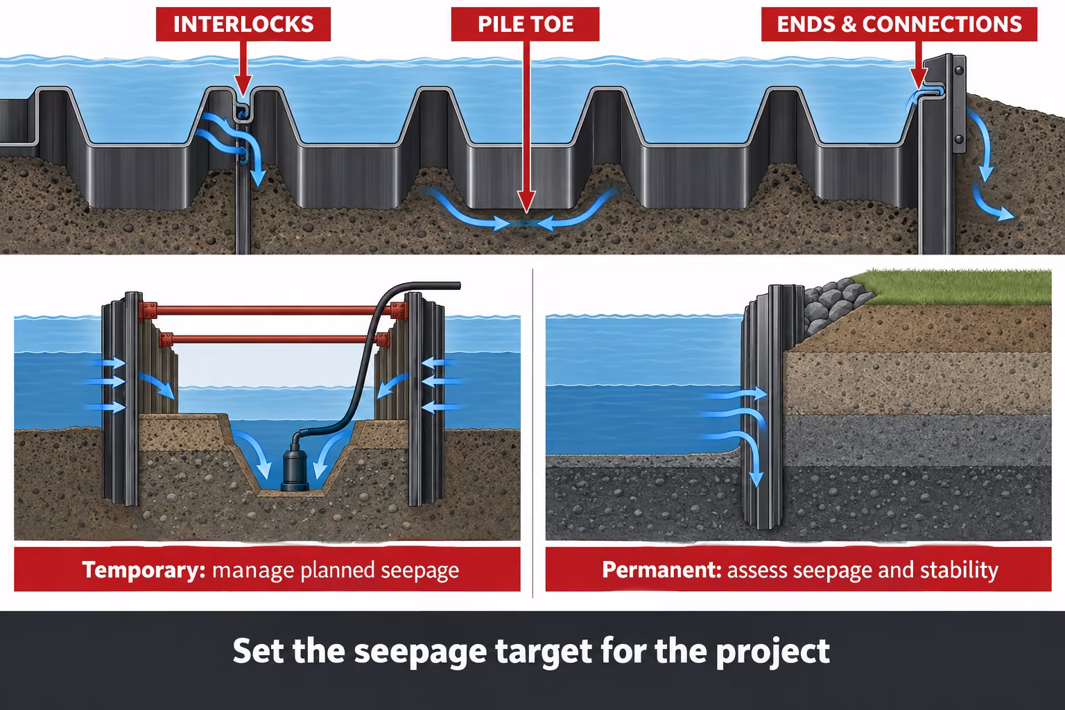 Diagram showing seepage through interlocks, beneath sheet piles and around wall ends.